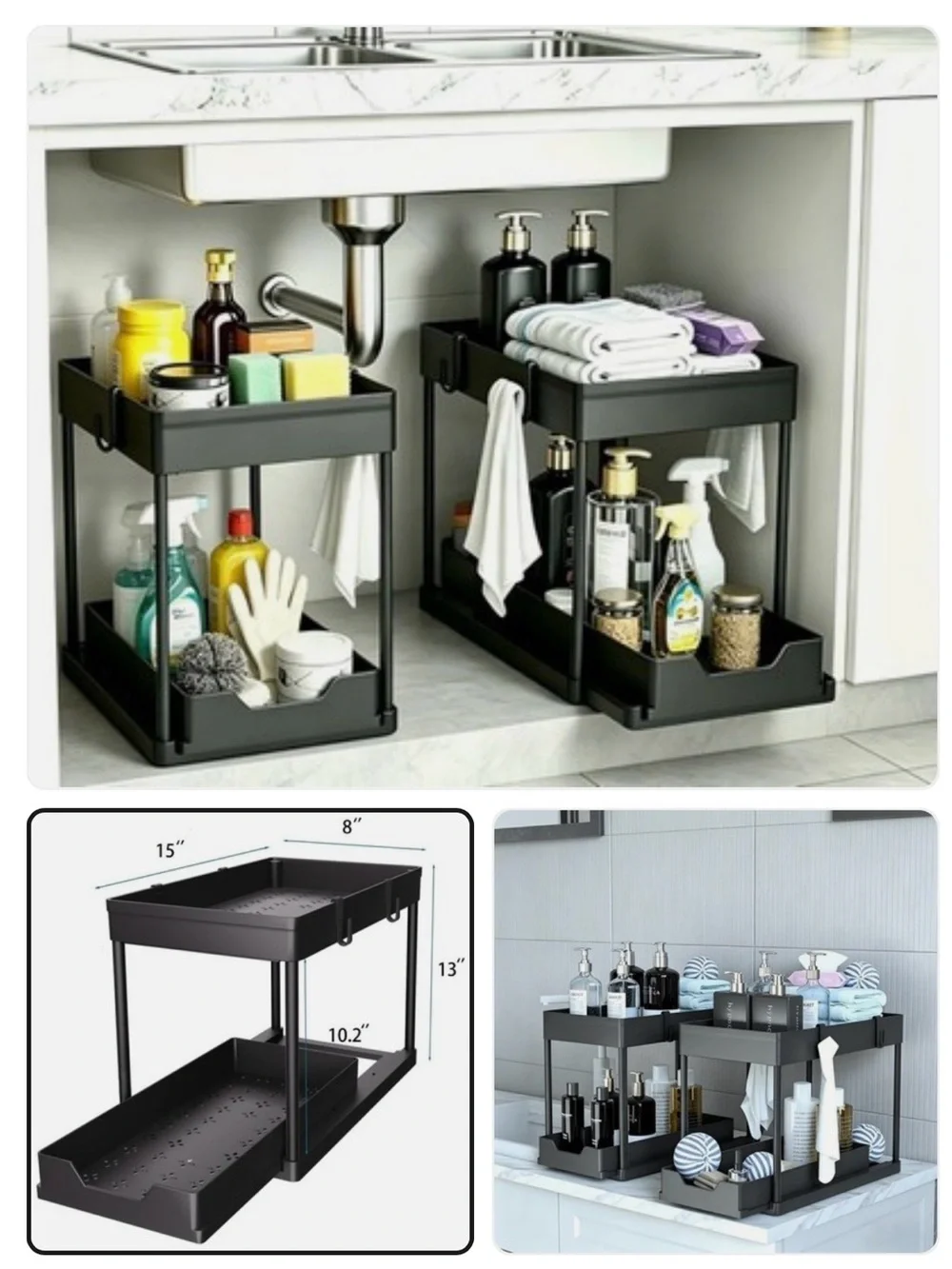 Under-Sink Black Two-Tier Storage Organizer for Bathroom